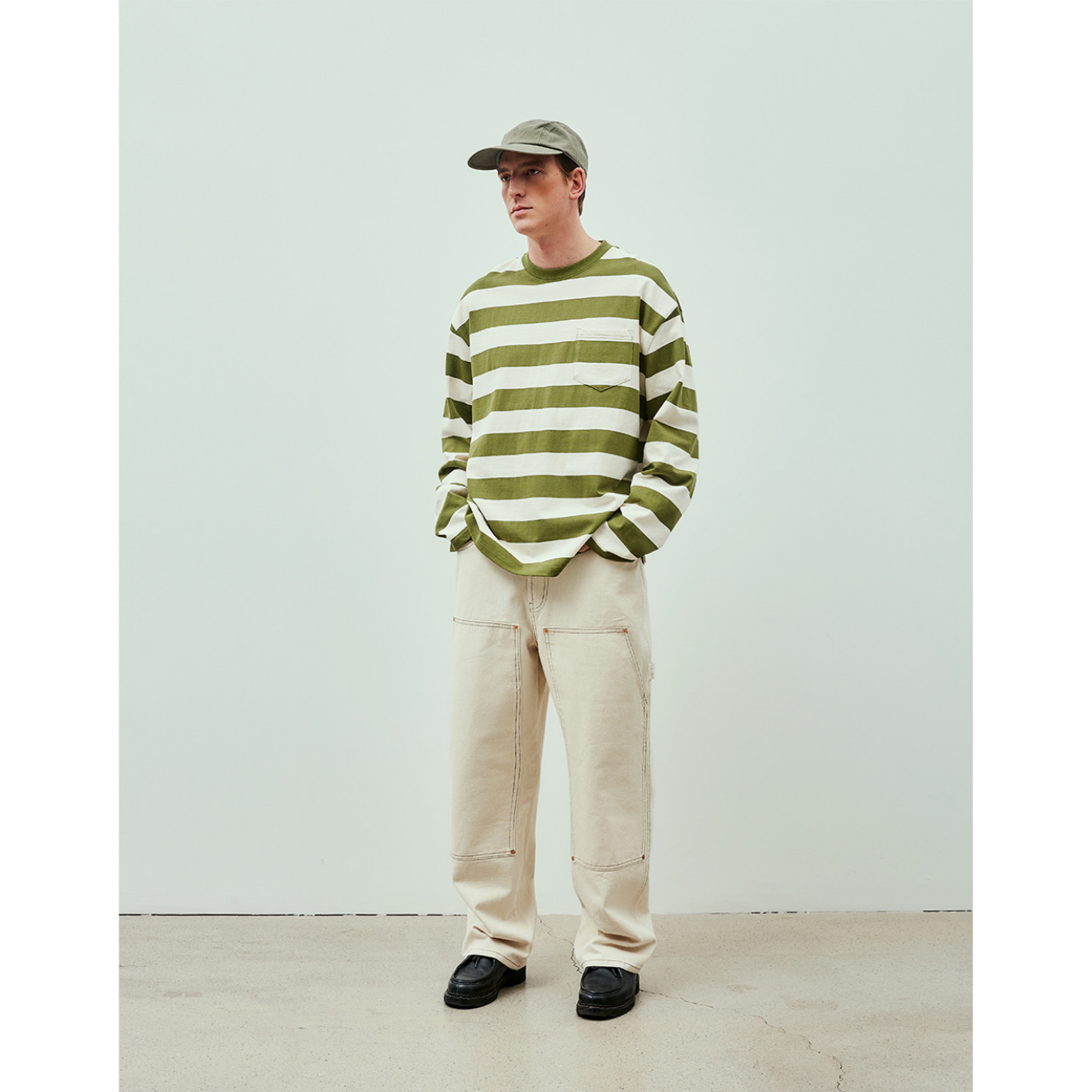UNIFORM BRIDGE NAVAL STRIPE POCKET L/S T-SHIRT - OLIVE