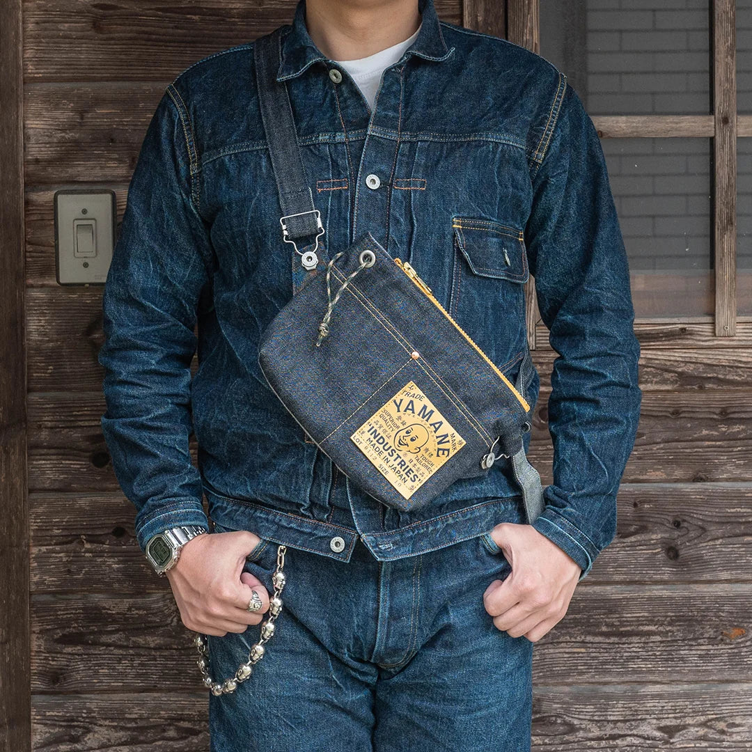YAMANE LOT.9112 DENIM ZIP SHOULDER BAG EYELET 10 INCH - DENIM