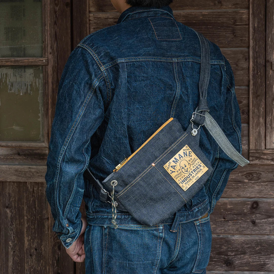 YAMANE LOT.9112 DENIM ZIP SHOULDER BAG EYELET 10 INCH - DENIM