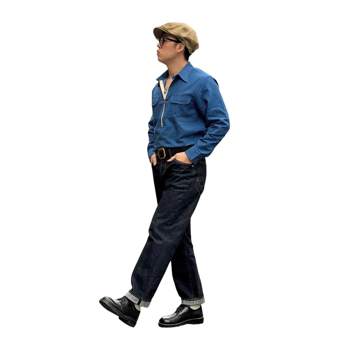 DRY BONES EMBROIDERY STITCHES HALF ZIP WORK SHIRT - BLUE