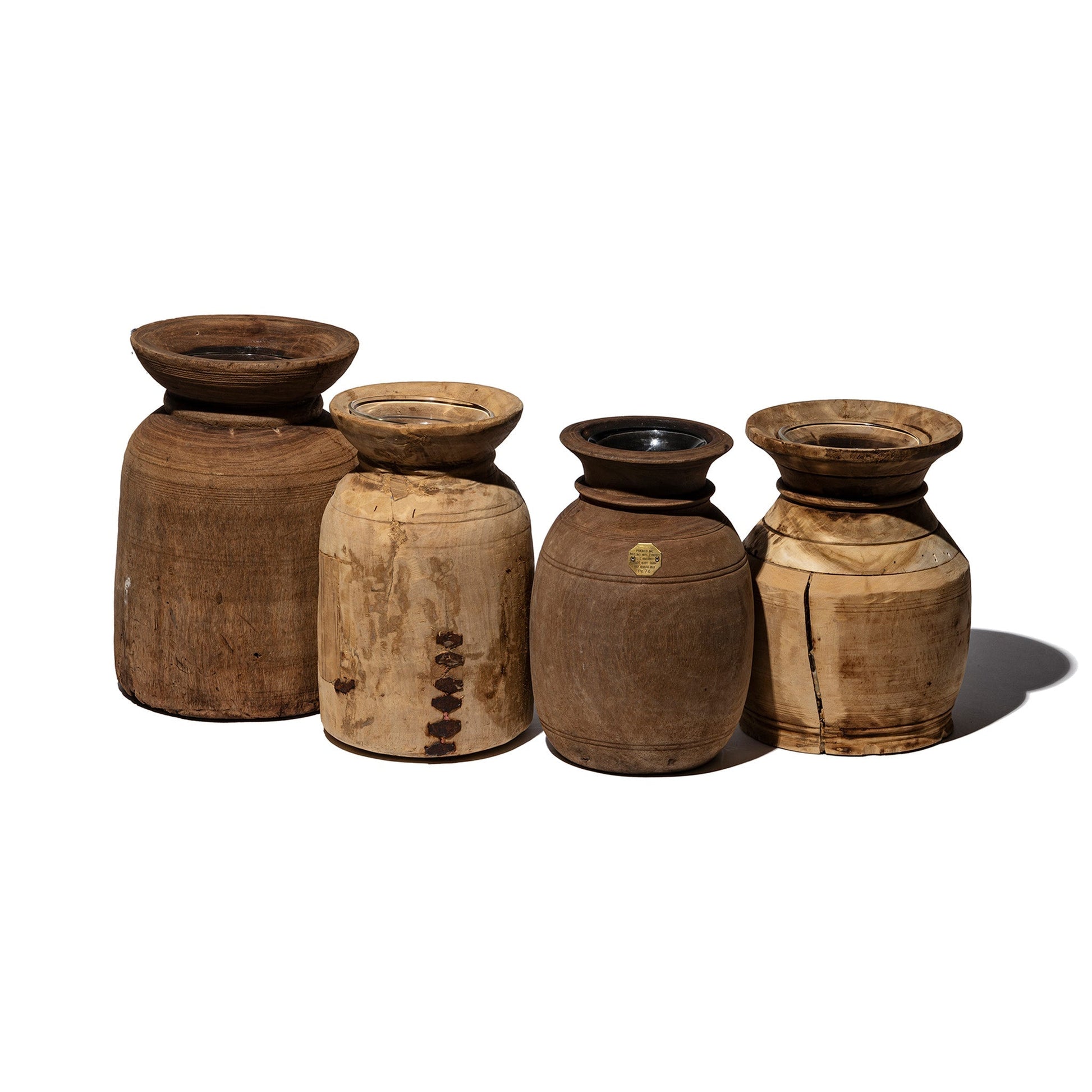 PUEBCO VINTAGE WOODEN POT W/GLASS CYLINDER