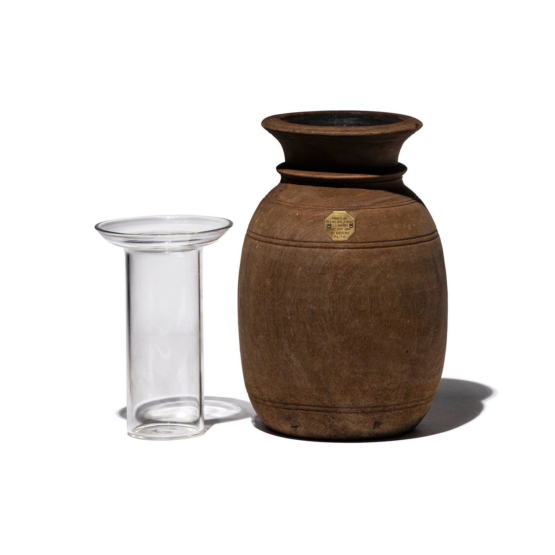 PUEBCO VINTAGE WOODEN POT W/GLASS CYLINDER
