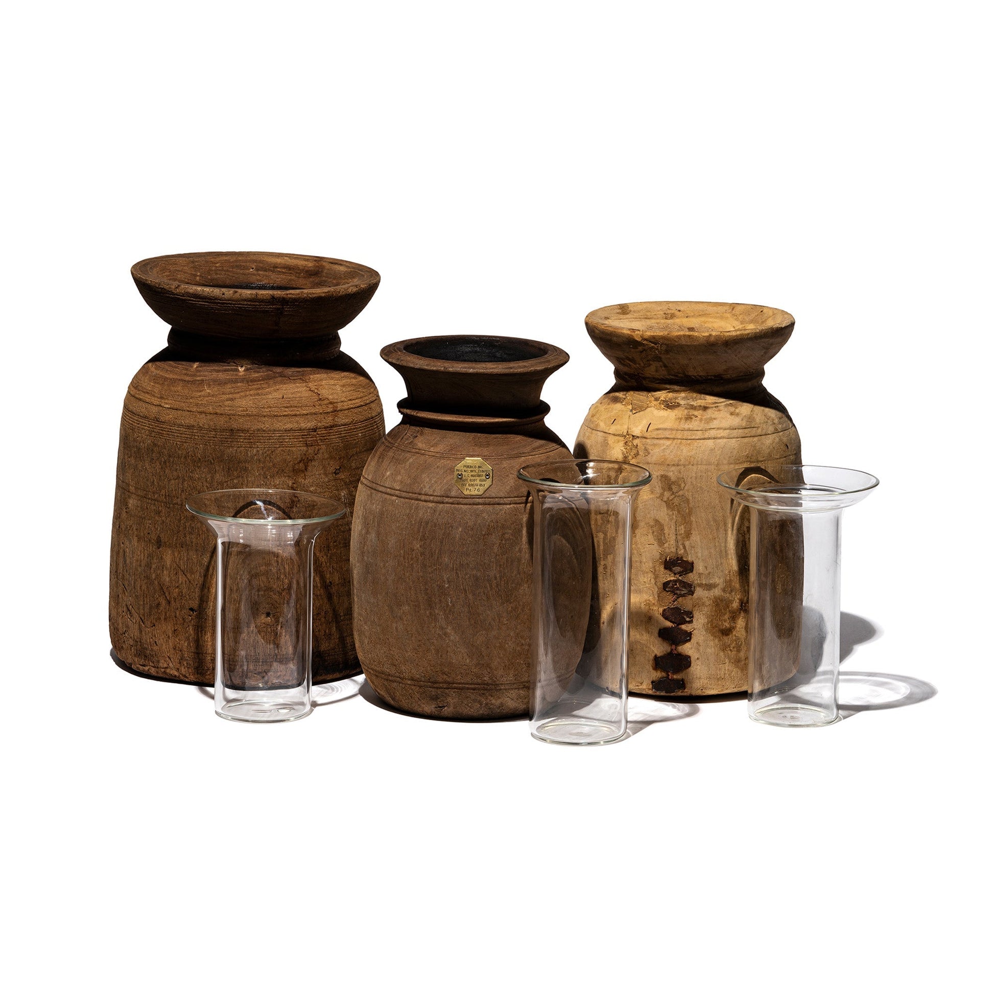 PUEBCO VINTAGE WOODEN POT W/GLASS CYLINDER