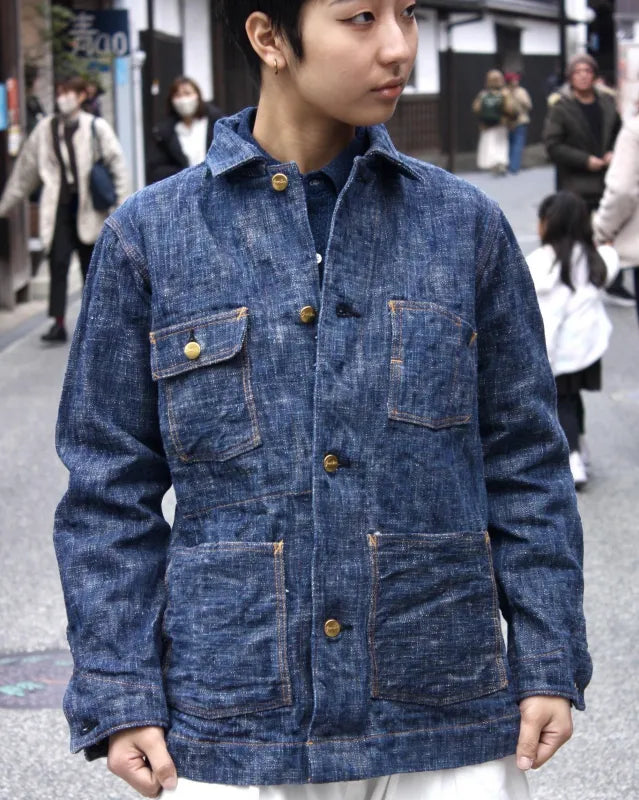 GRAPH ZERO  - COVERALL JACKET SKEIN DYEING DENIM - GREEN INDIGO