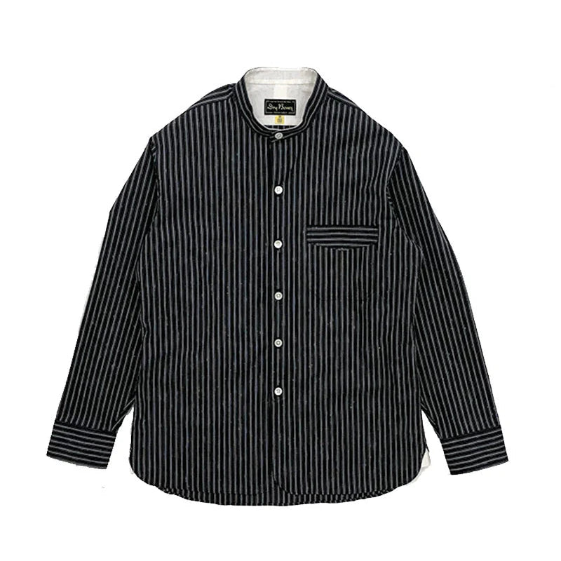 DRY BONES STRIPE BAND COLLAR WORK SHIRT - NAVY