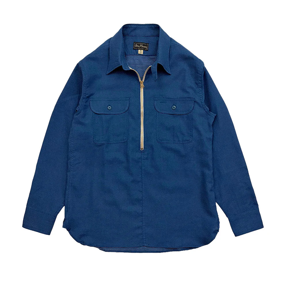 DRY BONES EMBROIDERY STITCHES HALF ZIP WORK SHIRT - BLUE