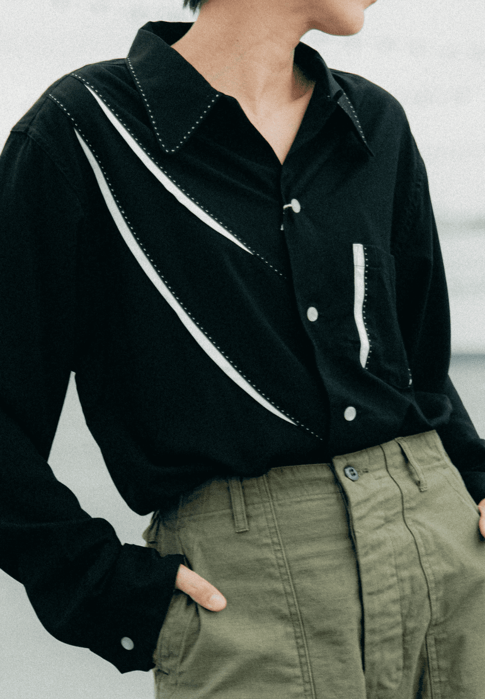 DRY BONES SHARK GILL OPEN SHIRT - BLACK