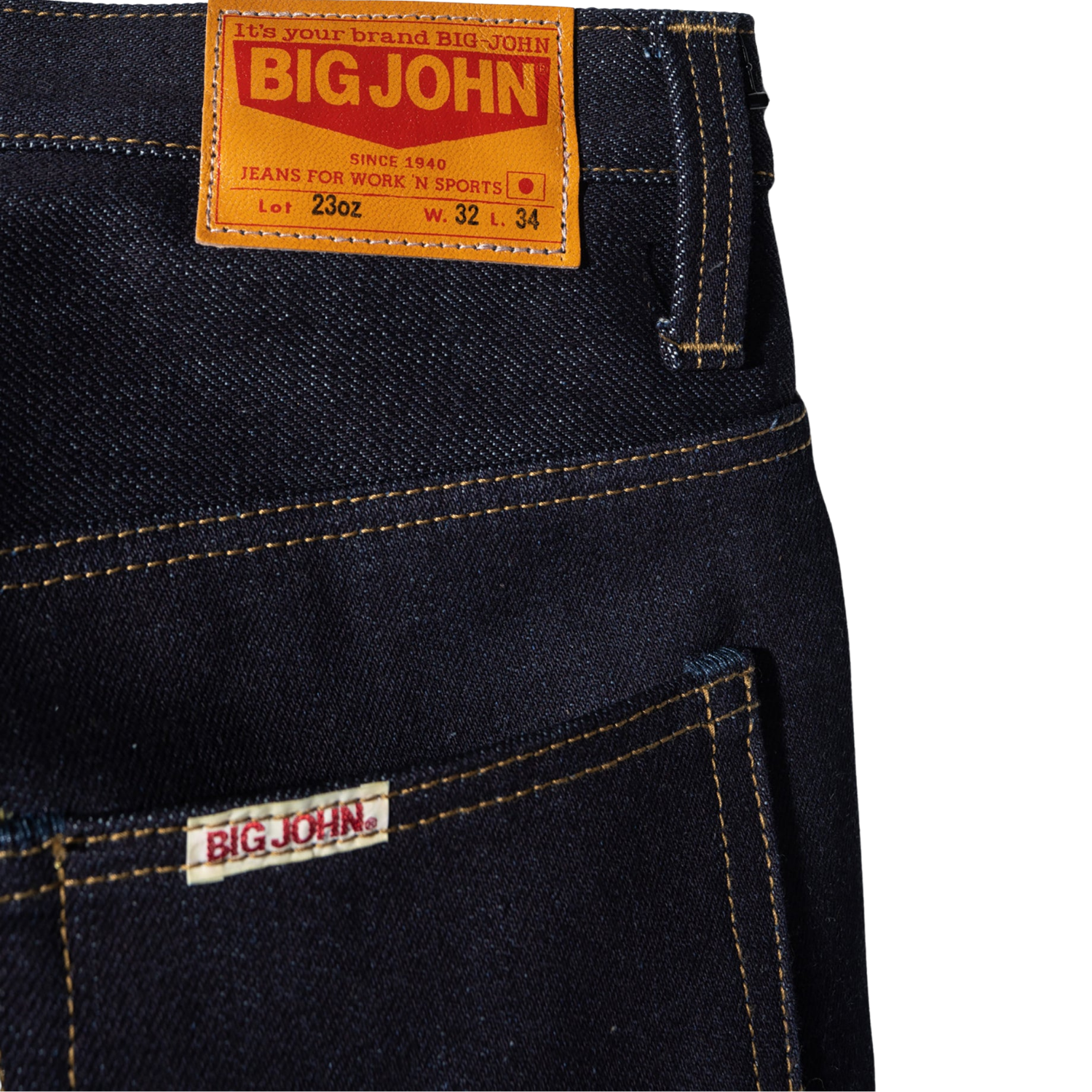 Big John M104G straight fit raw denim jeans — full length on model