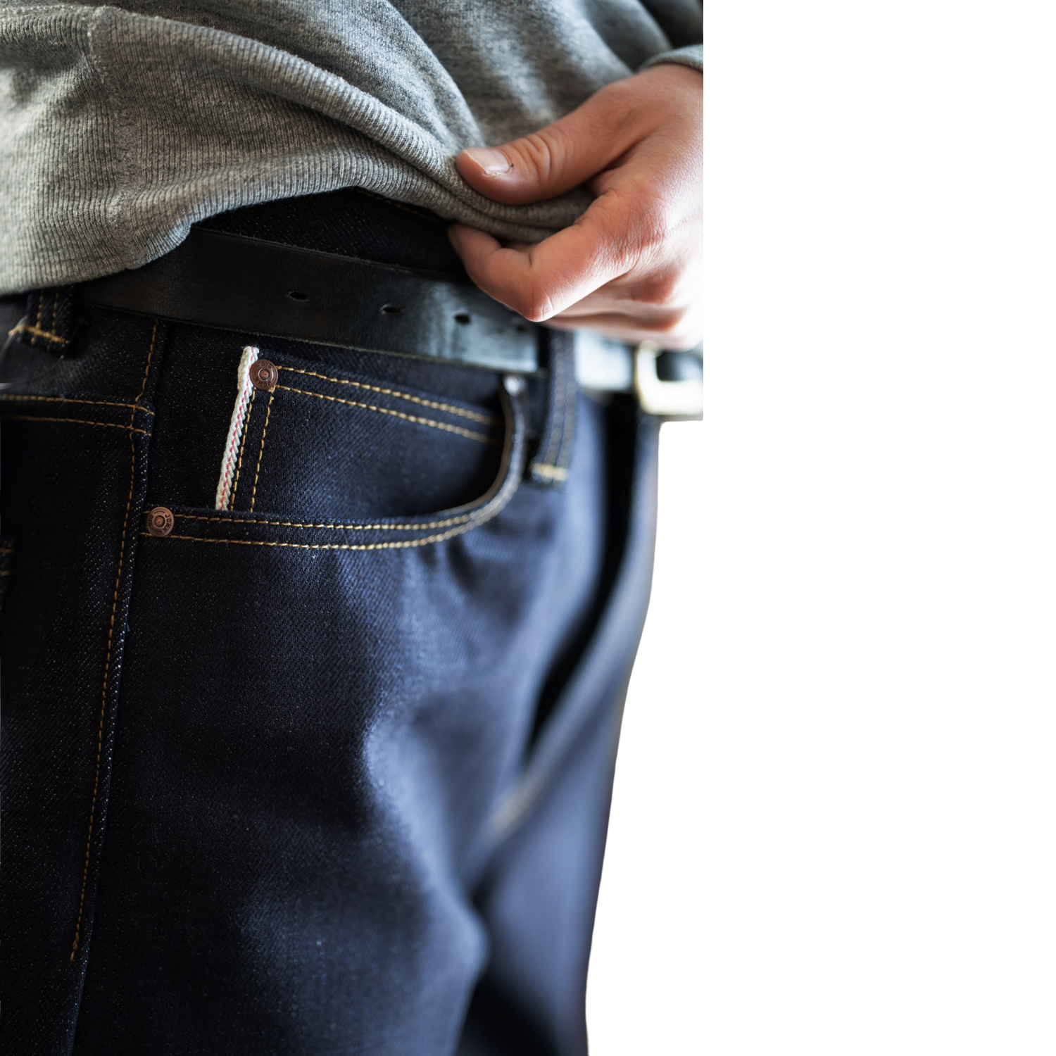 Big John M104G raw indigo selvedge jeans — hem and cuff detail