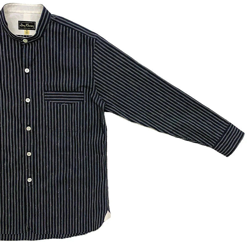 DRY BONES STRIPE BAND COLLAR WORK SHIRT - NAVY