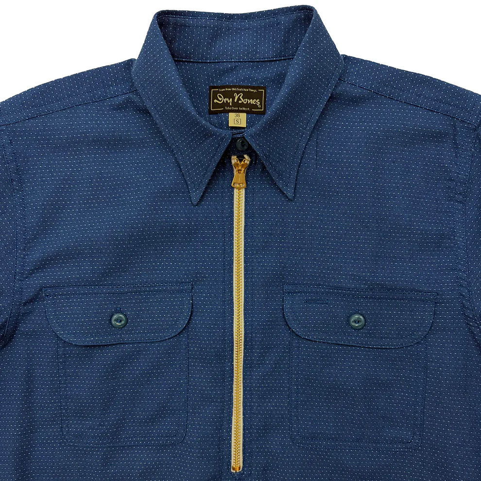 DRY BONES EMBROIDERY STITCHES HALF ZIP WORK SHIRT - BLUE