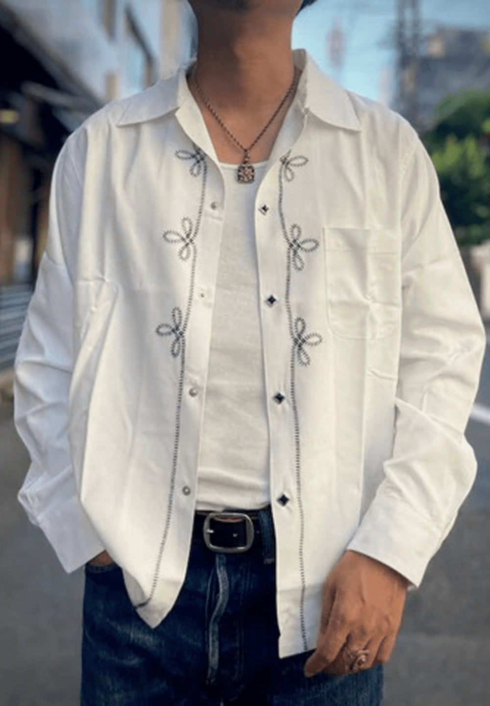 DRY BONES EMBROIDERED OPEN SHIRT WESTERN - OFF WHITE