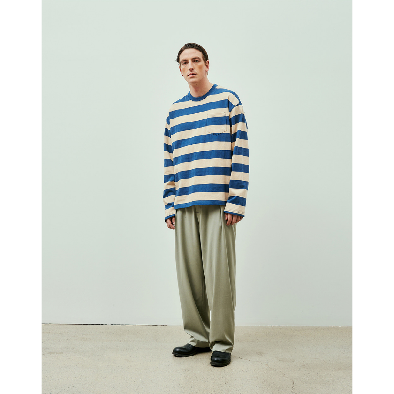 UNIFORM BRIDGE NAVAL STRIPE POCKET L/S T-SHIRT - BLUE