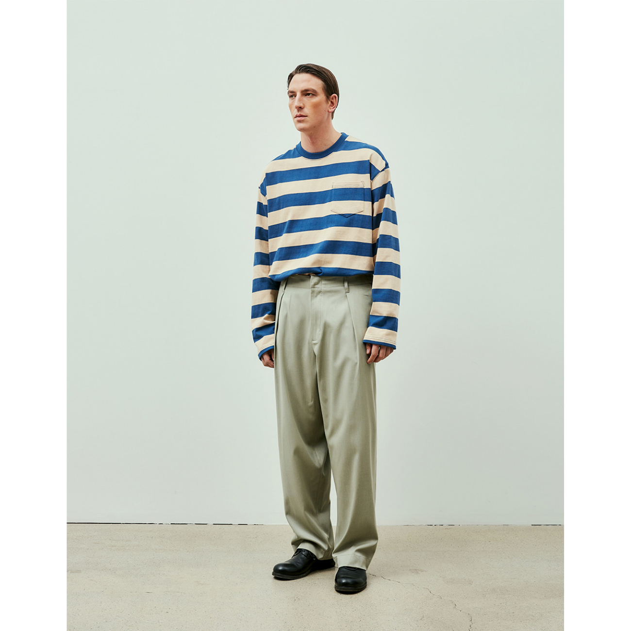 UNIFORM BRIDGE NAVAL STRIPE POCKET L/S T-SHIRT - BLUE