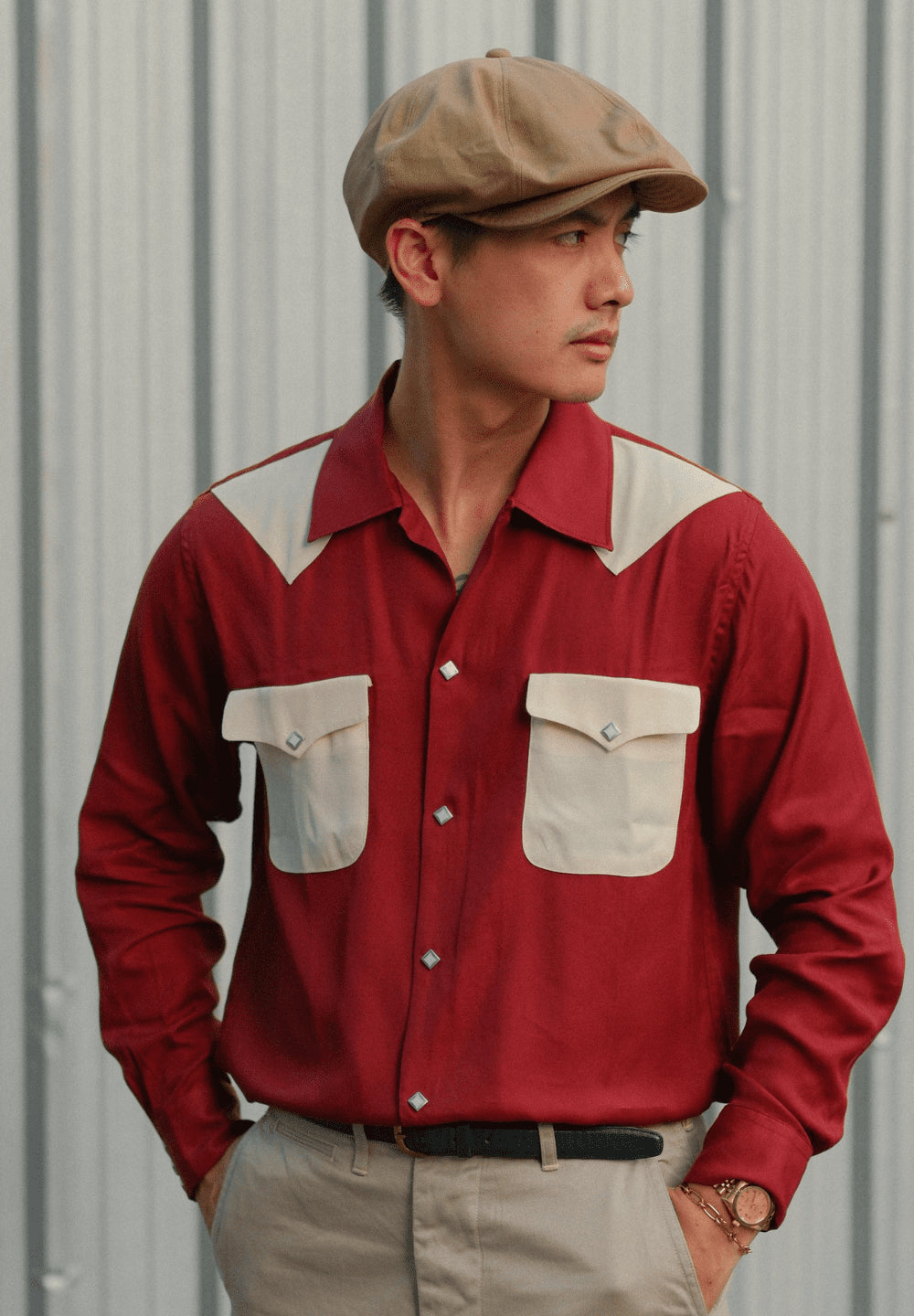 DRY BONES WESTERN YOKE 2 FLAP OPEN SHIRT - WINE