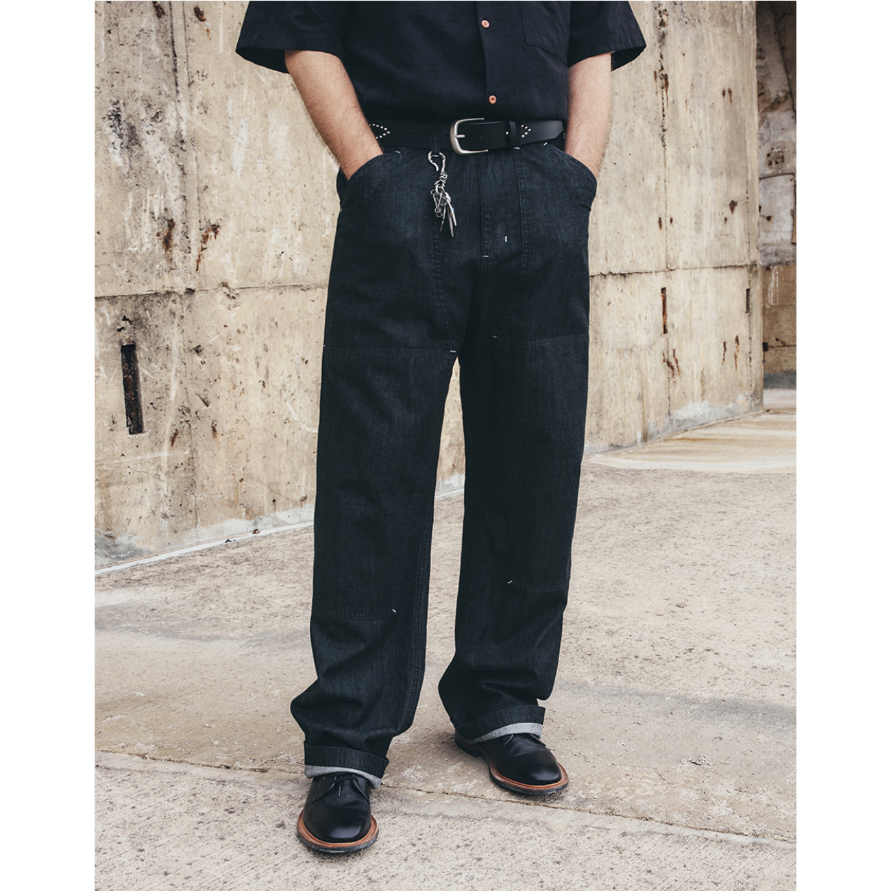 UNIFORM BRIDGE DOUBLE KNEE DENIM PANTS 6.2OZ - BLACK RINSED