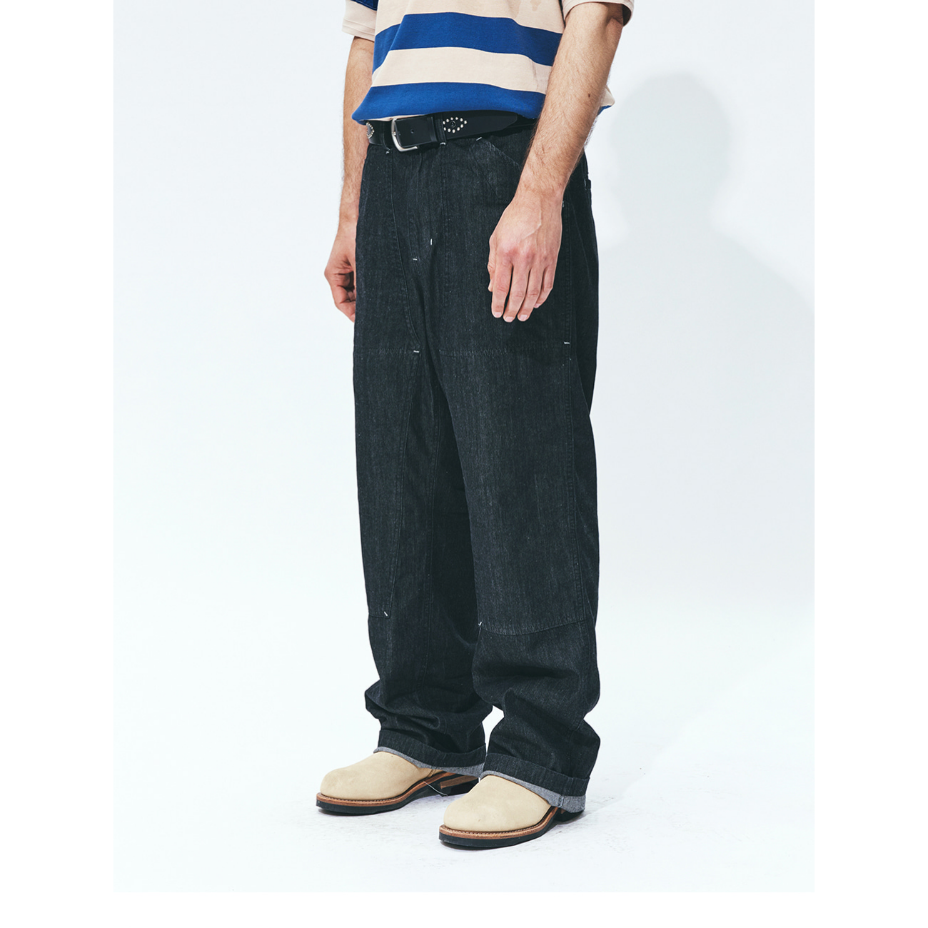 UNIFORM BRIDGE DOUBLE KNEE DENIM PANTS 6.2OZ - BLACK RINSED