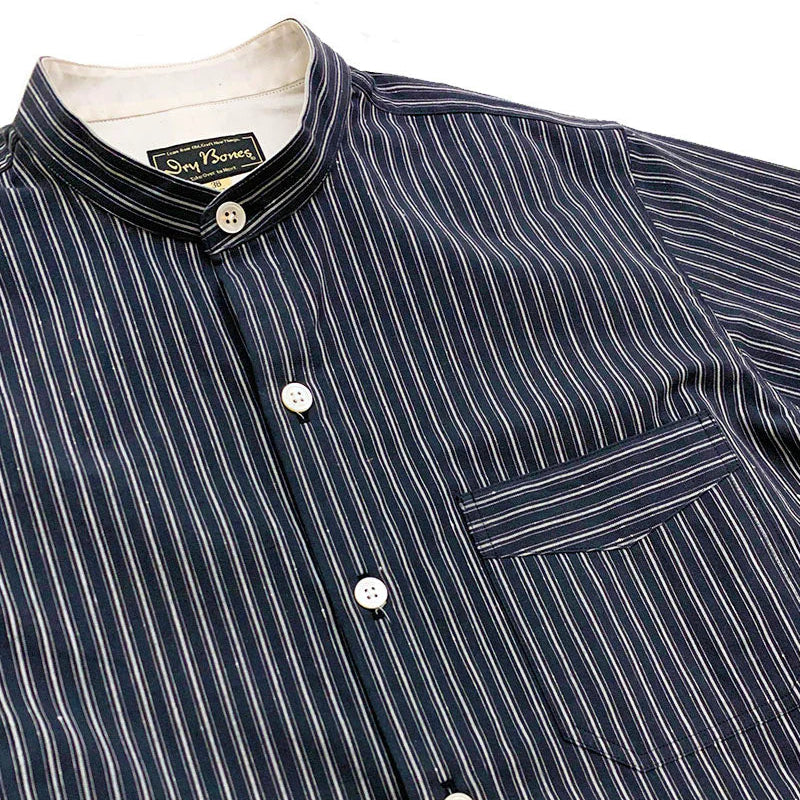 DRY BONES STRIPE BAND COLLAR WORK SHIRT - NAVY