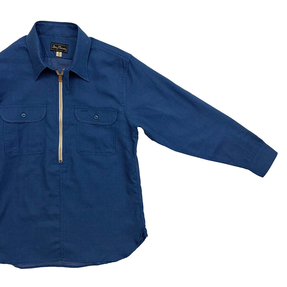 DRY BONES EMBROIDERY STITCHES HALF ZIP WORK SHIRT - BLUE