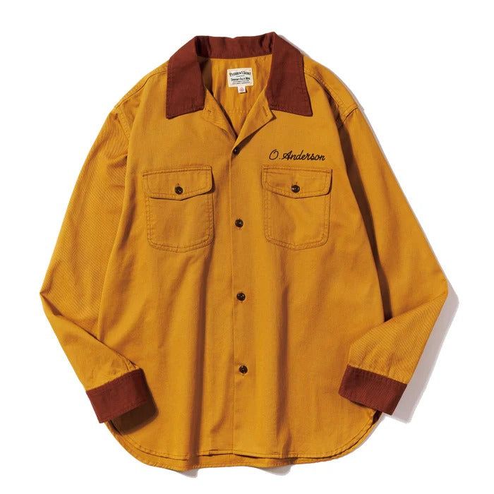 PHERROWS OPEN COLLAR WORK SHIRTS - MUSTARD X BROWN