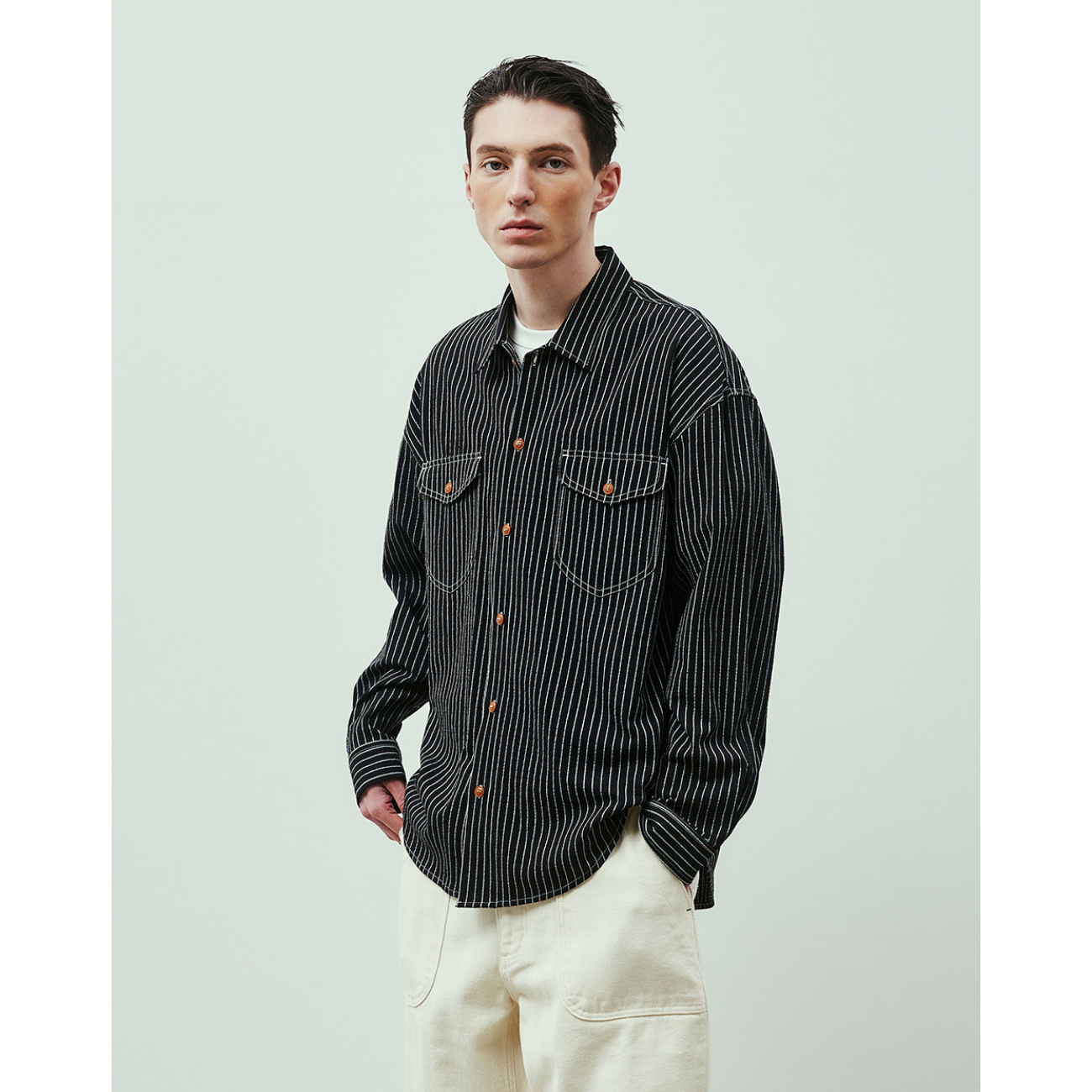 UNIFORM BRIDGE POCKET STRIPE SHIRTS - BLACK
