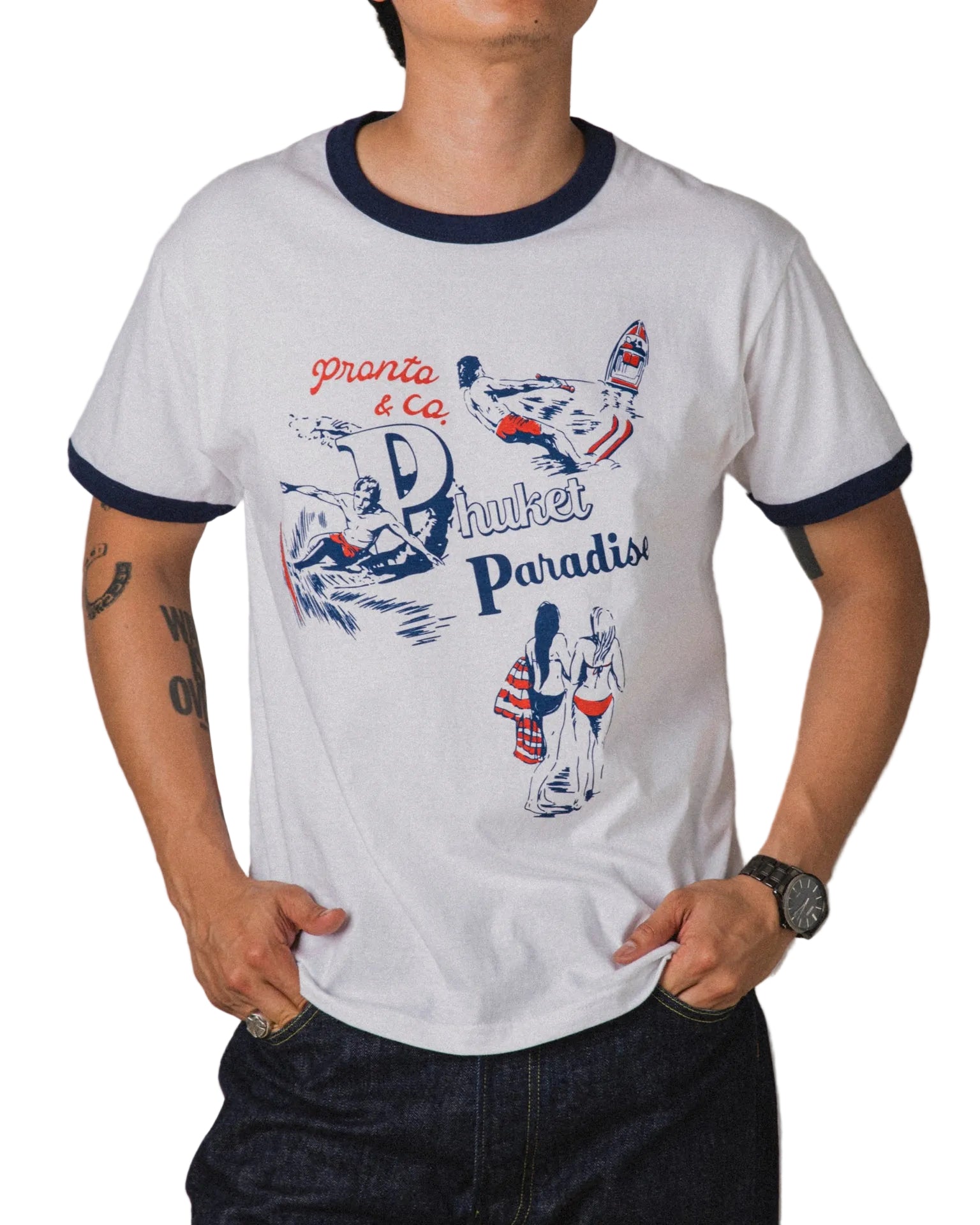 PRONTO & CO. PHUKET SOUVENIR RINGER TEE - WHITE/NAVY
