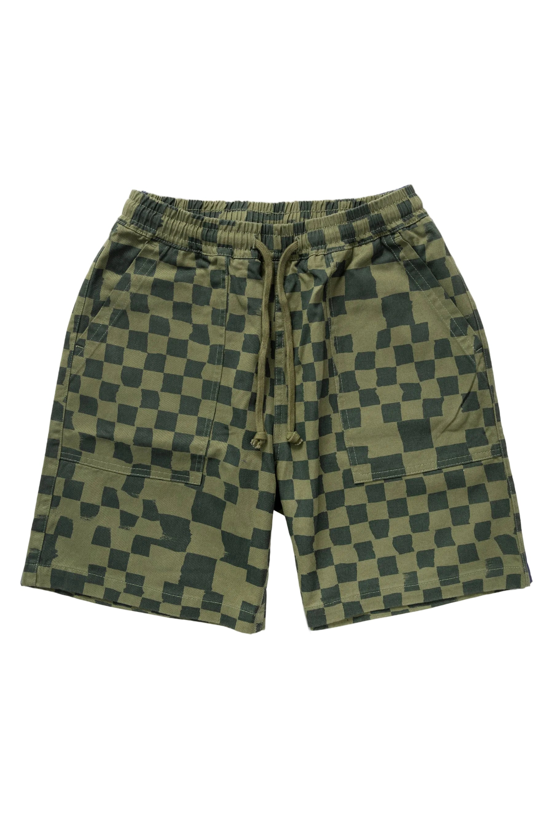 Service Works Drill Printed Chef Short — Olive Checker — front view