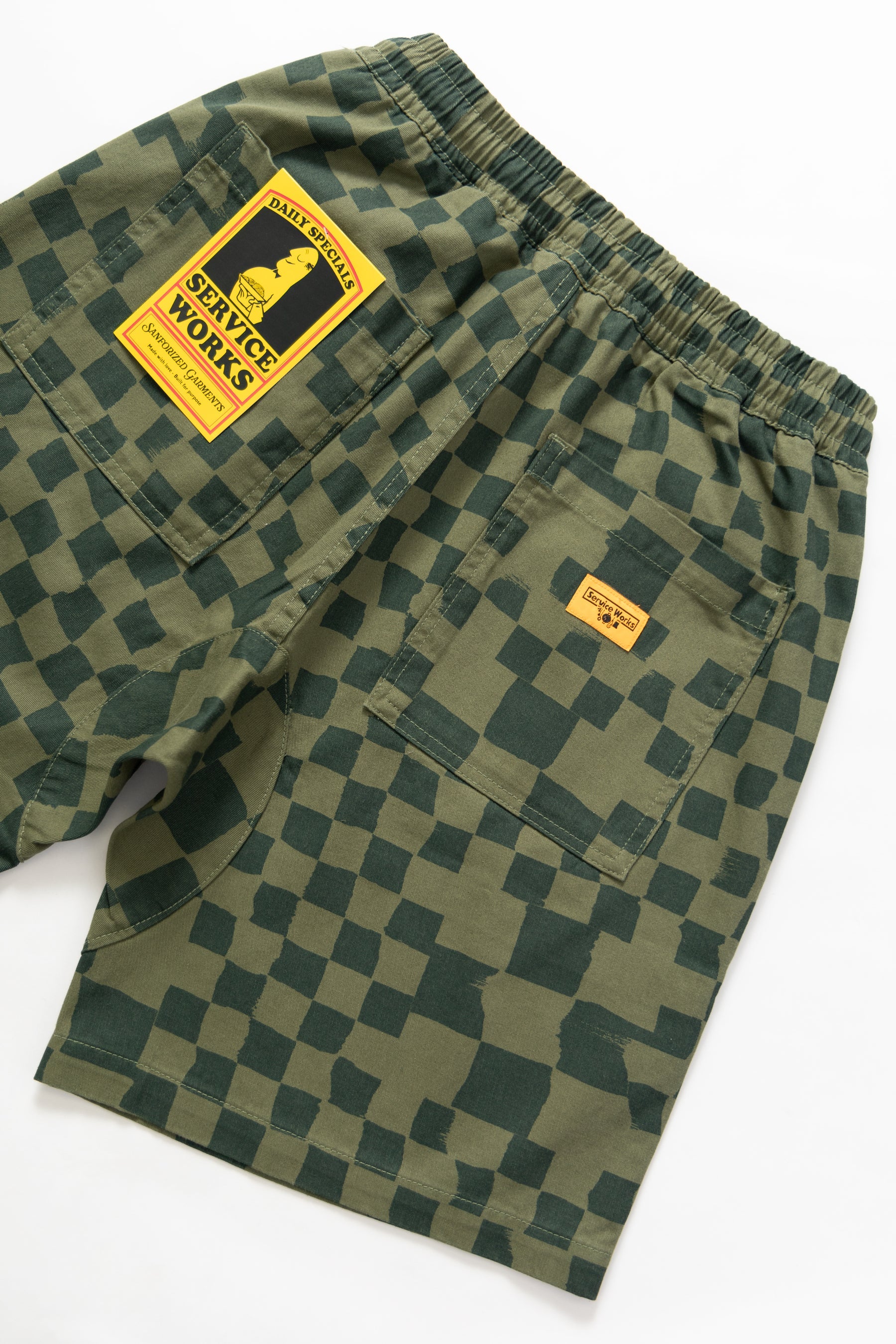 Service Works Drill Printed Chef Short — Olive Checker — view 4