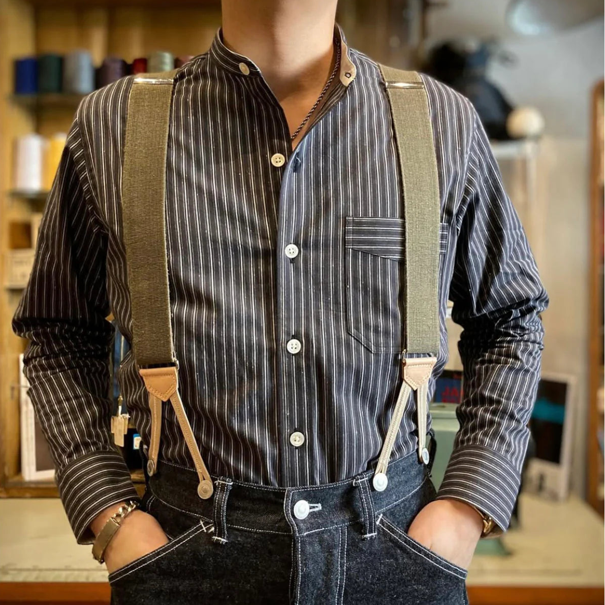 DRY BONES STRIPE BAND COLLAR WORK SHIRT - NAVY