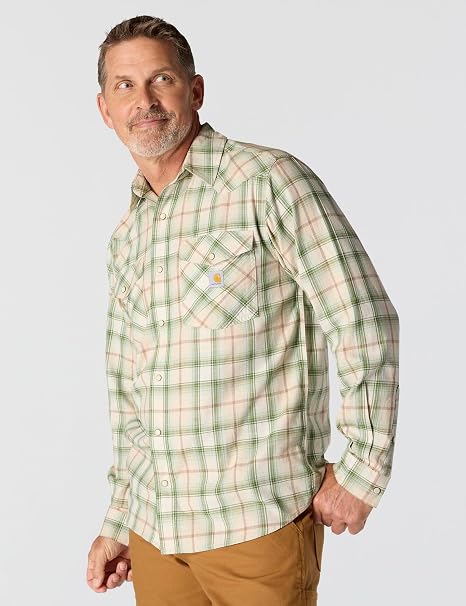 CARHARTT MONTANA RUGGED FLEX RLX-FT LW L/S SNAP-FRONT PLAID SHIRT - OAT MILK