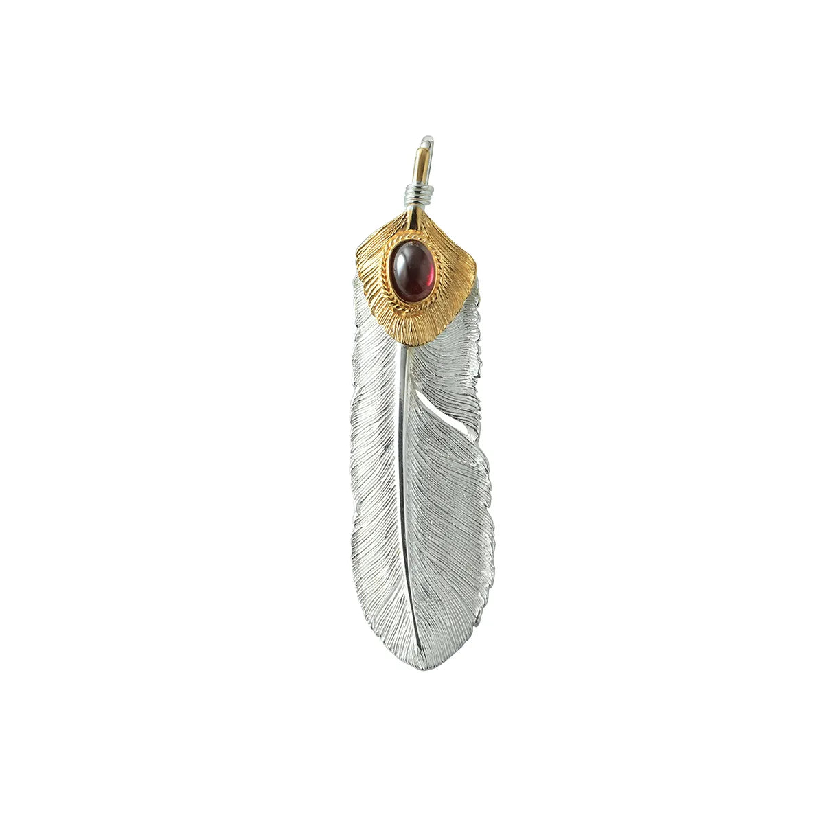 SAAD FEATHER NATURAL SILVER LEFT FACING PENDANT/GARNET/24K PLATED HEART