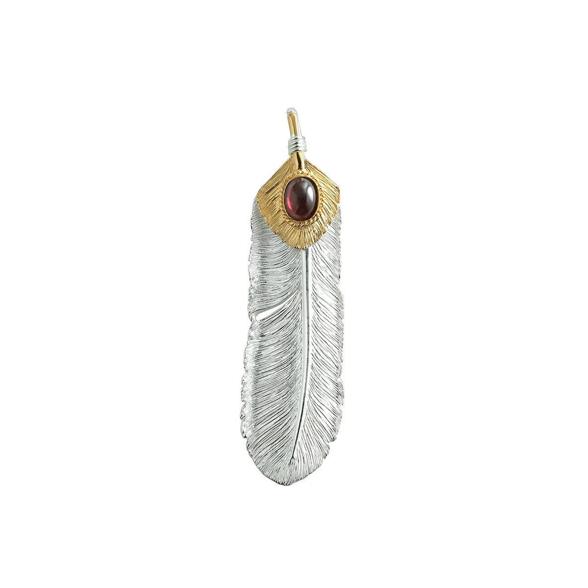 SAAD FEATHER NATURAL SILVER RIGHT FACING PENDANT/GARNET/24K PLATED HEART