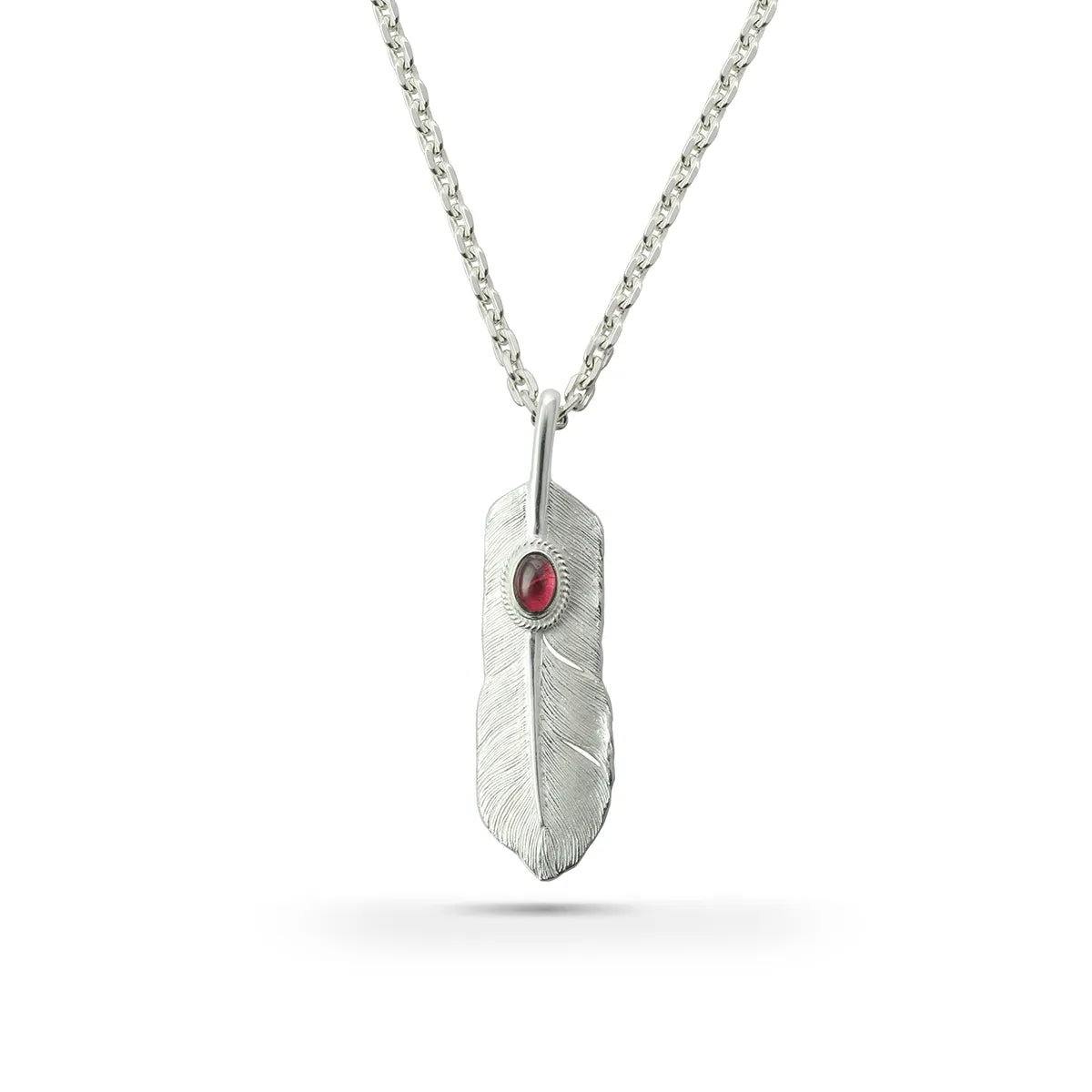 SAAD FEATHER NATURAL SILVER COLOR GARNET LEFT FACING PENDANT MEDIUM
