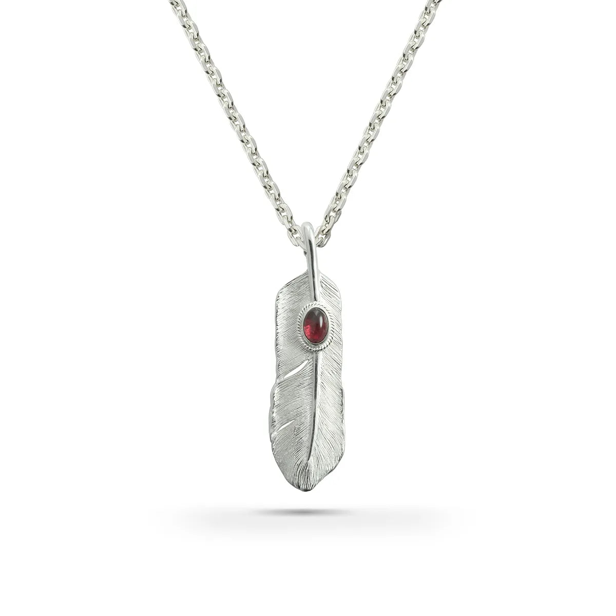 SAAD FEATHER NATURAL SILVER COLOR GARNET RIGHT FACING PENDANT MEDIUM