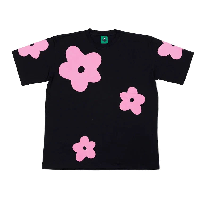 BLACK CACTUS BS245 BLACK COTTON OVERSIZE T-SHIRT FLOWER PINK VELVET