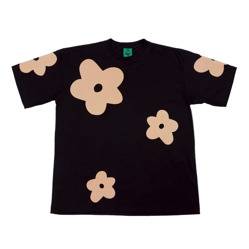 BLACK CACTUS BS246 BLACK COTTON OVERSIZE T-SHIRT FLOWER BROWN VELVET