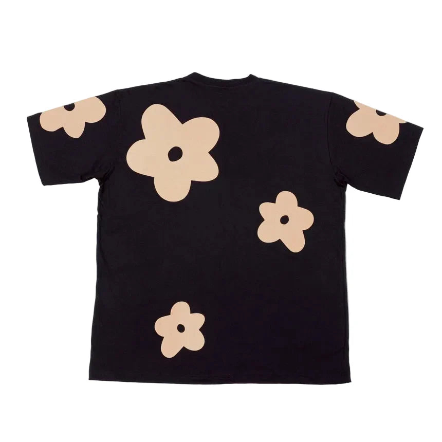 BLACK CACTUS BS246 BLACK COTTON OVERSIZE T-SHIRT FLOWER BROWN VELVET